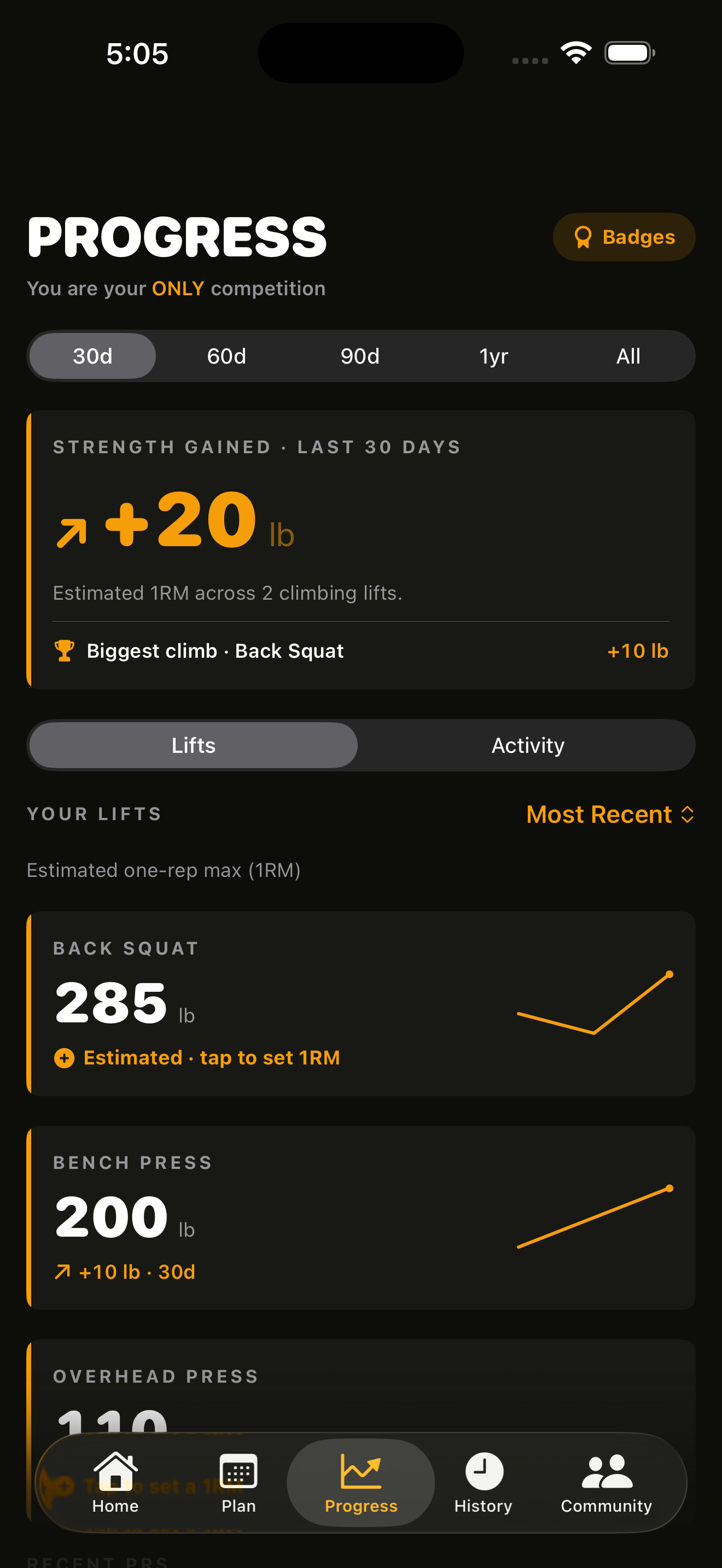 Belay Progress tab showing strength gained and lift trends